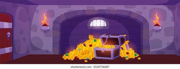 Old dungeon. Treasure chest of kings. Precious stones, coins, sword. Empty castle interior with stone walls, burning torches, window with bars. Medieval prison. Game background. Vector illustration.