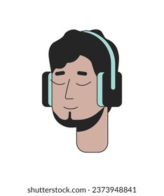 Old dutch bearded arab man wearing headphones 2D linear cartoon character head. Middle eastern adult chin curtain beard isolated line vector person face white background. Color flat spot illustration