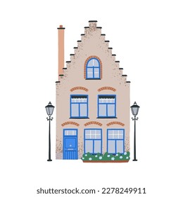 Old Dutch house, historical vintage facade. Building exterior of Holland architecture. Cozy traditional home in Europe city, European town. Flat vector illustration isolated on white background