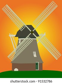 an old Dutch windmill on an orange background on an orange background