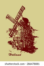 Old Dutch windmill. Pencil drawing vector illustration. Holland postcard design