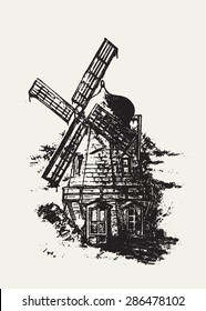 Old Dutch Windmill. Pencil Drawing Vector Illustration
