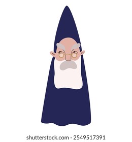 An old dwarf with a gray beard and mustache, glasses, a blue robe and a pointed cap.. Wizard. Character. Vector illustration for packaging, greeting cards and wrapping paper, gifts, posters