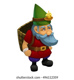 The old dwarf in a green cap with a burning candle is carrying a basket of fodder, isolated on white background. Vector cartoon close-up illustration.