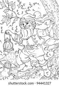 Old Dwarf with hand lamp in the Forest - Coloring page for kids - Story Book