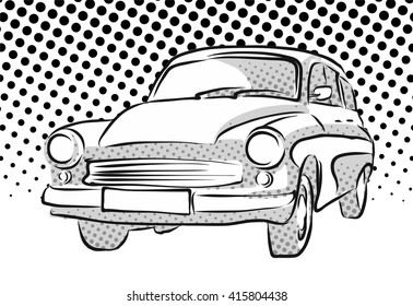 Old East German Car, Dotted Background, Vector Hand Drawn Artwork