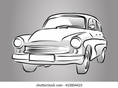 Old East German Car, Grey Shaded Sketch, Vector Hand Drawn Artwork