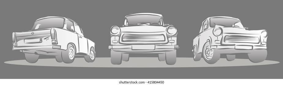 Old East german Car, Three Views. Hand Drawn Sketches