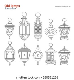 Old east lamp ramadan kareem mubarak vector line illustration pack set