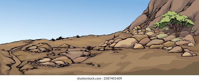 Old East rural arab crack soil canyon slope oasis hand drawn vintage biblic cartoon art sketch style scene sky text space. Scenic summer view shrub plant flora asian african arabia hot weather symbol