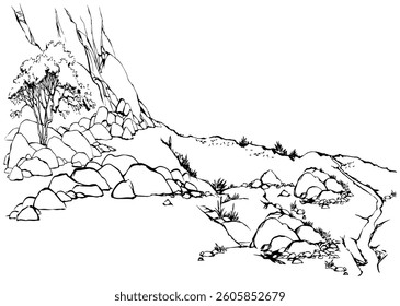 Old East rural arab crack soil canyon slope oasis hand drawn vintage biblic cartoon art sketch style scene sky text space. Scenic summer view shrub plant flora asian african arabia hot weather symbol