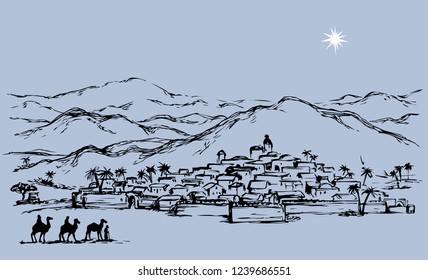 Old east xmas journey bible hill scene. Historic comet go to yule messiah village. Black ink hand drawing noel gospel story as vintage art graphic xmas card with copyspace for text on blue evening sky