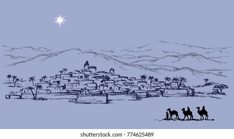 Old East Xmas Journey Bible Scene. Historic Comet Go To Jewish Messiah Village. Black Ink Hand Drawing Noel Gospel Story Picture As Antique Art Cartoon Card With Copyspace For Text On Dark Evening Sky