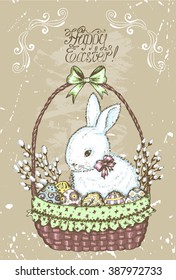 Old Easter card with rabbit, painted eggs and willow in wicker basket on vintage textured background with lettering. Line art vector hand drawn illustration. Graphic holiday still life.