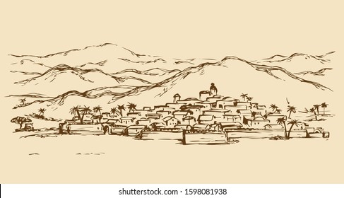 Old eastern biblical rural scenic view with stone wall and edifice. Freehand outline ink hand drawn picture sketch in art retro engraved graphic style pen on paper and space for text on sky background