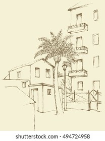 Old eastern courtyard scenic view with abode edifice and lamp. Freehand outline ink hand drawn picture sketchy in art retro doodle contour graphic style pen on paper and space for text on sky backdrop