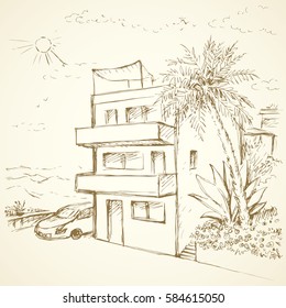 Old eastern courtyard scenic view with cozy abode edifice and modern vehicle. Freehand outline ink hand drawn picture sketchy in art retro doodle contour style pen on paper with space for text on sky