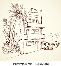 Old eastern flowerbed scenic view with cozy abode edifice and modern vehicle. Freehand outline ink hand drawn picture sketchy in art retro doodle cartoon style pen on paper with space for text on sky