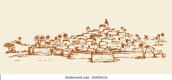 Old eastern persian orient scenic view with stone wall and edifice. Freehand outline ink hand drawn picture sketch in art retro engraved graphic style pen on paper and space for text on sky background