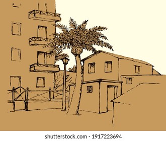 Old eastern village abode edifice courtyard lamp scenic view white sky text space backdrop. Outline black ink pen hand drawn rural travel picture art retro jew doodle pencil line engrave style paper