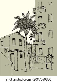 Old eastern village abode edifice courtyard lamp scenic view white sky text space backdrop. Outline black ink pen hand drawn rural travel picture art retro jew doodle pencil line engrave style paper