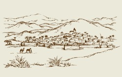 Old eastern vintage biblical rural scenic view with rock stone wall and edifice. Freehand outline ink hand drawn picture sketch in art retro engraved graphic style and space for text on sky background