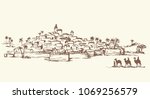 Old eastern xmas journey bible judaic valley desert scene. Historic followers go to east judean palm country. Black ink hand drawing noel gospel story picture engraved as vintage art graphic picture