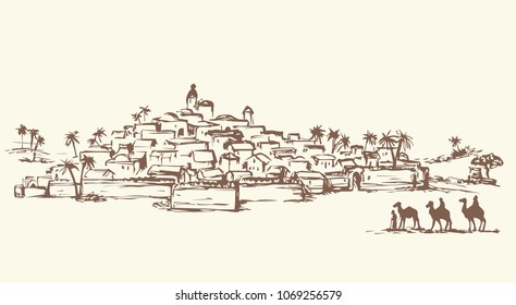 Old eastern xmas journey bible judaic valley desert scene. Historic followers go to east judean palm country. Black ink hand drawing noel gospel story picture engraved as vintage art graphic picture