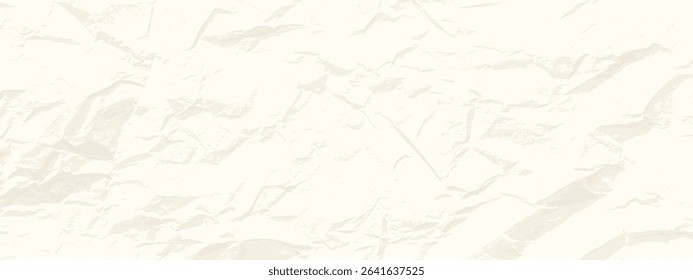 Old ecru paper background. Vector off-white wrinkled sheet template. Rough grungy crumpled effect overlay. Korean aged gritty dusty cream color wallpaper. Thin retro Japanese, Chinese package paper bg