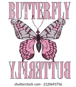 OLD EFFECT SLOGAN PRINT WITH BUTTERFLY