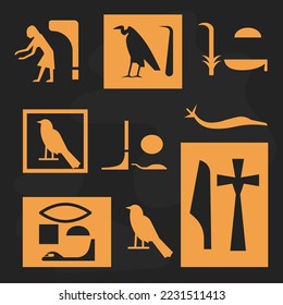 Old Egyptian hieroglyphs, ancient civilization paintings and drawings, text and alphabet or communication. Relief with signs, eye and gods with ankh, old religion and faith. Vector in flat style