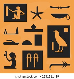 Old Egyptian hieroglyphs, ancient civilization paintings and drawings, text and alphabet or communication. Relief with signs, eye and gods with ankh, old religion and faith. Vector in flat style