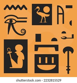 Old Egyptian hieroglyphs, ancient civilization paintings and drawings, text and alphabet or communication. Relief with signs, eye and gods with ankh, old religion and faith. Vector in flat style