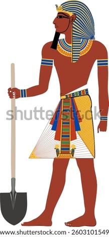 Old Egyptian pharaoh with a shovel. Vector image