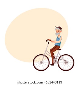 Old, elder bearded man in vest and hat riding a bicycle, cycling, cartoon vector illustration with space for text. Full length, side view portrait of retired man riding a bicycle, cycling