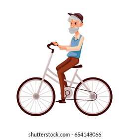 Old, elder bearded man in vest and hat riding a bicycle, cycling, cartoon vector illustration isolated on white background. Full length, side view portrait of retired man riding a bicycle, cycling