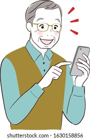 Old elder senior man holding a mobile smart phone with a smile.