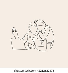 Old Elderly couple vector using laptop at home in continuous line art drawing style. Minimalist black linear sketch isolated on white background