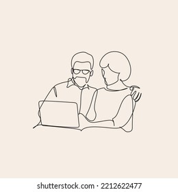 Vector de pareja de adultos mayores usando portátil en casa con estilo de dibujo de línea continua. Esbozo lineal negro minimalista aislado en fondo blanco