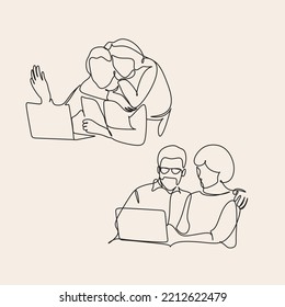 Old Elderly couple vector using laptop at home in continuous line art drawing style. Minimalist black linear sketch isolated on white background