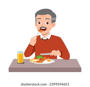 old elderly eating rice and feel happy