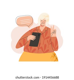 Old Elderly Happy Senior Woman With Smartphone Laptop Device. Silver Generation Surfers, Baby Boomers Communication In Virtual Class. Active Pensioner, Self-sufficiency People Trendy Illustration