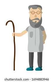 Old elderly man with a beard and a cane in his hand. Illustration element. Isolated vector on white and black background