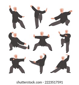 Old, elderly man Practicing Tai Chi and Qigong Exercise set. Cartoon flat vector illustration. Balance, equilibrium, hobby, sport, Healthy lifestyle concept. 