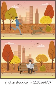 Old elderly man reading newspaper in city autumn park set vector. Male walking pet on leash, running dog wearing collar. Streets and falling leaves