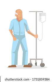 Old elderly patient walking with a drip on stand in the hospital. Vector illustration