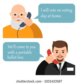 The old (elderly) person calls on the phone members of the election Commission to vote at home. Vector flat illustration.