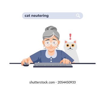 Old, elderly woman, grandmother at the computer is looking for information about cat neutering, castration. The cat is surprised and scared. Colorful vector illustration about animal neutering