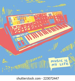 Old electronic synthesizer vector graphic illustration with sign "music is my life"