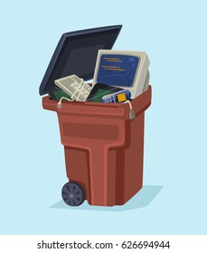 Old electronics technology computer and phone in trash can. Vector flat cartoon illustration